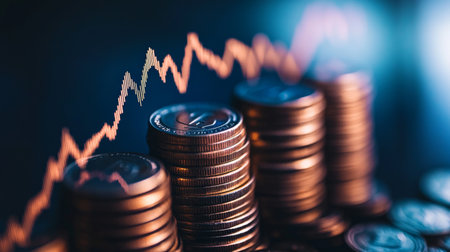 A conceptual image of a rising line graph overlaid on a stack of coins, symbolizing growth in banking investments and positive financial trends.の素材