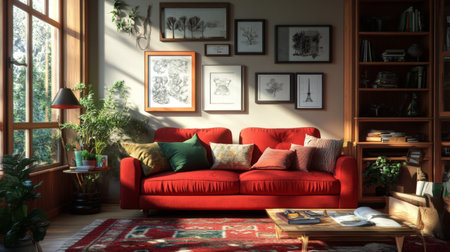 A cozy living room with red accents, including a plush red sofa, cushions, and a rug, creating a warm and inviting atmosphere with bold color contrasts.の素材