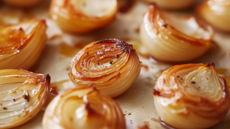 A close-up of roasted shallots with their caramelized, golden-brown skins, showing the tender and flavorful result of roasting on a simple white surface.の素材
