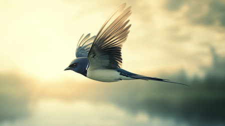 A detailed image of a swallow darting through the sky, with its sleek body and swift movements captured against a slightly overcast sky, highlighting its agile flight.の素材