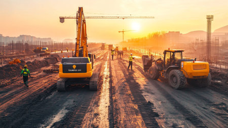 A construction crew working on an expansion of a motorway, with heavy machinery and cranes, representing progress and infrastructure development.の素材