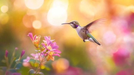 A detailed image of a hummingbird hovering near a vibrant flower, with its iridescent feathers and rapid wing beats vividly captured against a blurred garden background.の素材