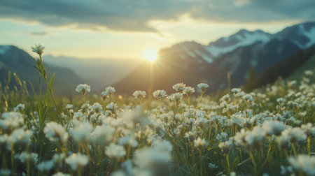 A close-up of mountain wildflowers in the foreground with the sun rising behind the peaks, highlighting the contrast between the delicate flowers and the expansive, dramatic landscape.の素材
