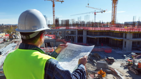 A construction engineer in a hard hat and reflective vest pointing at blueprints on a construction site, with a partially built structure and cranes in the background.の素材