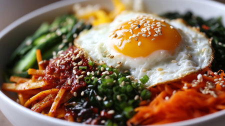 A close-up of Korean bibimbap with a mix of vegetables, rice, and a fried egg on top, garnished with sesame seeds and gochujang, arranged on a white plate for a clean presentation.の素材