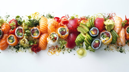A colorful spread of sushi rolls with fresh fish, avocado, and vegetables, elegantly arranged on a white background to emphasize the freshness and artistry of the presentation.の素材