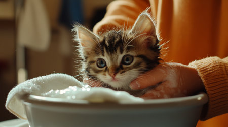 A cozy scene of a kitten being gently bathed by its owner, with a soft washcloth and a bowl of warm water, capturing the tender and affectionate moments of bath time.の素材
