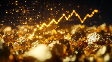 A conceptual image showing a rising gold price graph overlaid on a backdrop of shining gold nuggets, symbolizing the increasing value of gold in the market.の素材