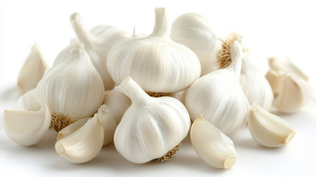A close-up of fresh garlic bulbs with their papery skins slightly peeled back, showcasing the texture and natural shine of the garlic cloves against a clean, white backgroundの素材