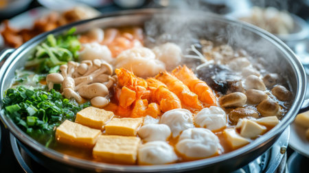 A close-up of a traditional hot pot filled with a variety of fresh ingredients like mushrooms, tofu, and seafood, with steam rising and a bubbling broth in the center.の素材