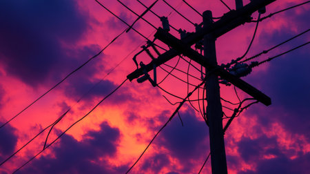 A close-up of an electric pole with intricate details of its insulators and wires, set against a dramatic sunset sky, highlighting the technical aspects of power distribution.の素材