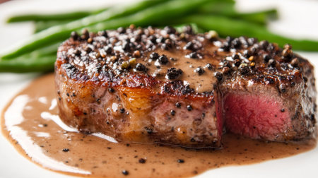 A close-up of a juicy steak au poivre with a rich, creamy peppercorn sauce and a side of green beans, elegantly plated on a white surface to showcase its gourmet presentation.の素材