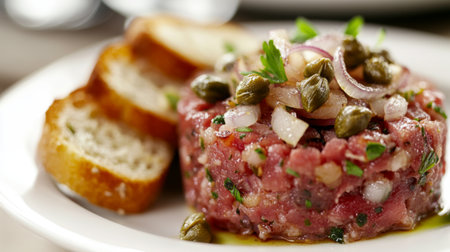 A close-up of a gourmet steak tartare served with toasted bread and garnished with capers and onions, beautifully plated on a white surface to emphasize the dish's sophisticated appeal.の素材