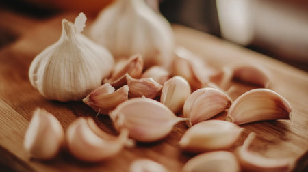 A detailed shot of garlic cloves arranged on a cutting board, with a focus on their textures and the subtle sheen of the skins, highlighting the essential ingredient in cooking.の素材