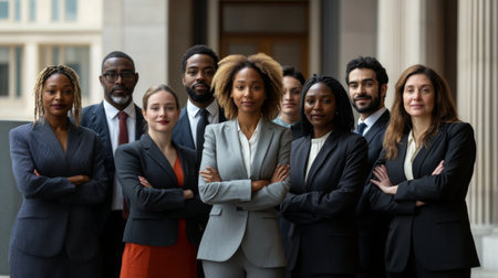 A diverse group of people in professional attire standing together with a backdrop of a courthouse, symbolizing unity and the pursuit of justice in a multicultural society.の素材