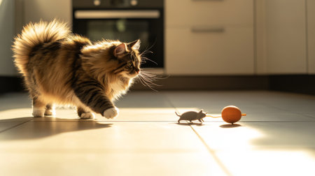A fat, fluffy cat racing across a tiled kitchen floor, trying to catch a toy mouse. The kitchen is modern and sleek, with sunlight streaming through a windowの素材