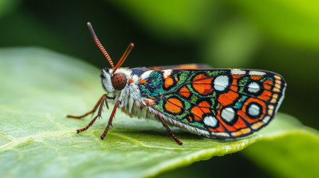 A detailed view of a small, colorful moth resting on a leaf, with its patterns and colors vividly contrasting against the green of the leaf and the natural background.の素材