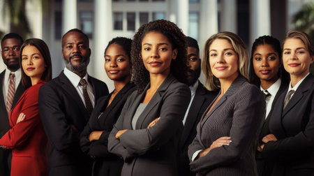 A diverse group of people in professional attire standing together with a backdrop of a courthouse, symbolizing unity and the pursuit of justice in a multicultural society.の素材