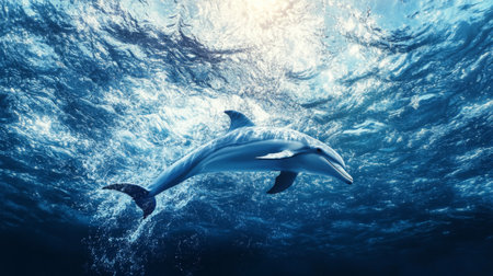 A dolphin diving back into the deep blue sea, with its tail fin raised high and the ocean waves gently rippling around, capturing a moment of natural beauty and graceの素材