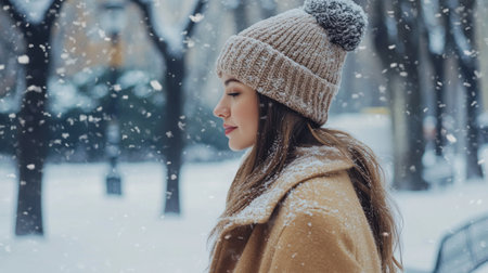A fashionable woman in a cozy winter coat and a stylish beanie, walking through a snow-covered park, with the hat adding a touch of warmth and style to her outfit.の素材