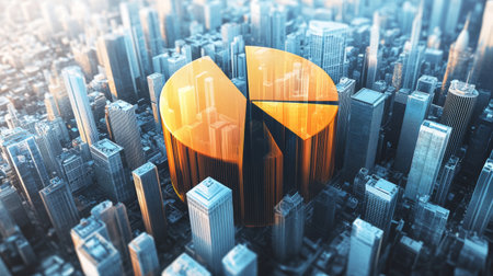 A dynamic 3D pie chart hovering over a city skyline, representing financial distribution, with a focus on modern banking and investment opportunities.の素材