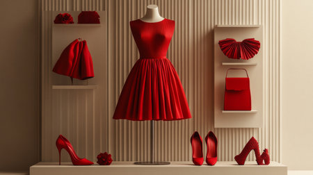 A fashionable outfit featuring a red dress, red heels, and matching accessories, displayed on a mannequin or model against a neutral background, showcasing bold fashion choicesの素材