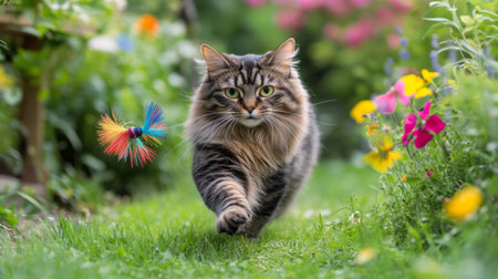 A fluffy, overweight cat chasing after a colorful feather toy in a green garden, with the bright flowers and lush grass providing a cheerful, natural backdrop.の素材