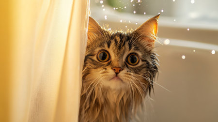 A fluffy cat with its head peeking out from behind a curtain of flowing water, with a bath setting and gentle lighting, capturing the cuteness of the bathing moment.の素材