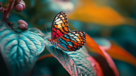 A macro shot of a butterfly perched on a vibrant leaf, with its delicate wings spread and showcasing its patterns and colors, while the leaf provides a natural backdrop.の素材