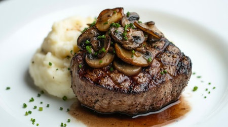 A gourmet steak dish featuring a grilled sirloin topped with saut mushrooms and onions, served with mashed potatoes and a sprinkle of fresh chives, set against a plain white backdrop.の素材