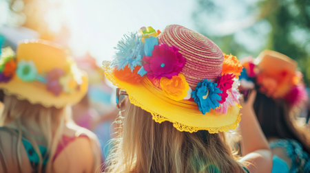 A group of friends at a summer festival, each wearing unique and colorful hats, enjoying the lively atmosphere with bright, sunny backgrounds and festive decorations.の素材
