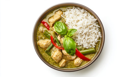 A hearty bowl of Thai green curry with chicken, bamboo shoots, and basil, served with a side of jasmine rice, set against a plain white backdrop to highlight the vibrant colors and textures.の素材