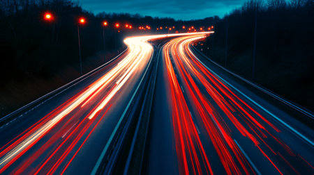 A night scene of a motorway illuminated by streetlights, with the red and white streaks of car lights creating a dynamic pattern against the darkened surroundings.の素材