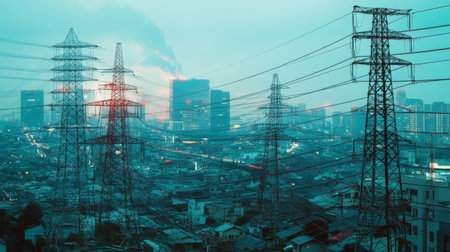 A panoramic view of a sprawling high-voltage power line network crossing urban and rural areas, capturing the extensive reach and importance of high-voltage electricity in modern life.の素材
