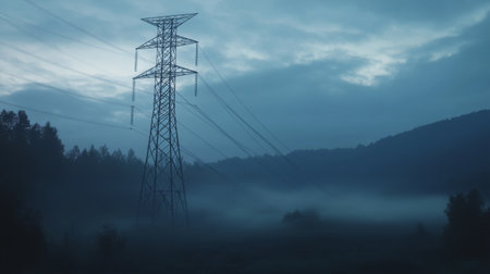 A high-voltage power transmission tower illuminated by the soft light of dawn, with fog rolling in the background, creating a dramatic and atmospheric scene.の素材