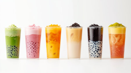 A neatly arranged display of bubble milk tea cups in various flavors, such as classic, matcha, and taro, with each cup tapioca pearls visible, set against a clean white surface.の素材