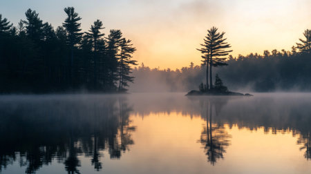 A peaceful lakeside scene at dawn, with mist rising from the water's surface and the silhouette of tall pine trees reflected in the calm, glassy water.の素材