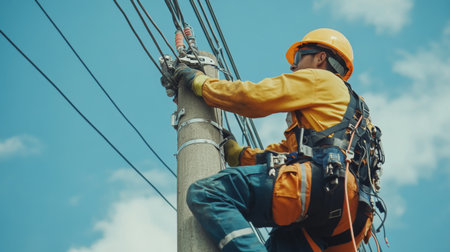 A maintenance worker inspecting and repairing an electric pole, with safety gear and tools visible, highlighting the essential work involved in keeping power systems operational.の素材