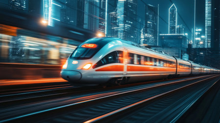 A high-speed train traveling at night, with city lights reflecting off its metallic surface and motion blur conveying the incredible speed at which it moves.の素材