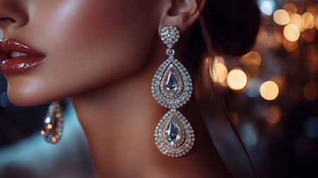 A glamorous shot of a pair of large, sparkling earrings worn by a model at a formal event, with soft lighting highlighting their sparkle and adding a touch of sophistication to the image.の素材