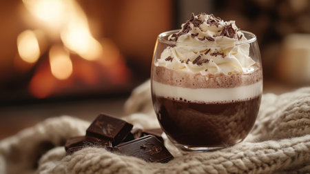 A modern glass with a double-wall design, filled with hot chocolate, topped with whipped cream and chocolate shavings, placed on a cozy blanket by the fireplace.の素材