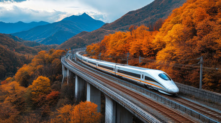 A high-speed train curving through a scenic route, with vibrant autumn foliage and mountains in the background, illustrating the harmony between nature and modern travel.の素材