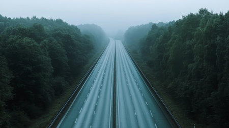 A long stretch of empty motorway cutting through a dense forest, with the road leading towards the horizon, capturing the serenity of an early morning driveの素材