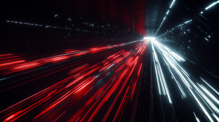 A night scene of a motorway illuminated by streetlights, with the red and white streaks of car lights creating a dynamic pattern against the darkened surroundings.の素材