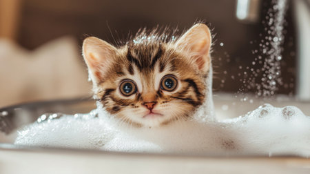 A kitten looking curiously at the camera while being bathed in a pet grooming sink, with soap bubbles around and a happy, relaxed expression on its face.の素材