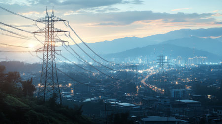 A panoramic view of a sprawling high-voltage power line network crossing urban and rural areas, capturing the extensive reach and importance of high-voltage electricity in modern life.の素材
