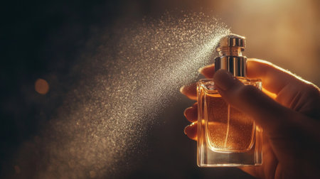 A person applying perfume from a bottle, with the focus on the elegant spray mechanism and the subtle fragrance cloud, set against a sophisticated, neutral background.の素材
