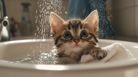 A playful kitten being gently bathed by its owner in a sink, with water droplets glistening on its fur and a towel ready for after-bath cuddles.の素材