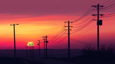 A picturesque sunset behind a silhouette of electric poles and power lines, with a warm color gradient in the sky, highlighting the aesthetic beauty of electrical infrastructure.の素材