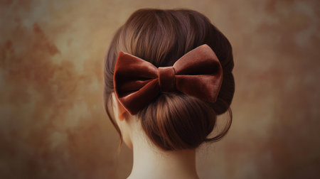 A sophisticated hairstyle featuring a velvet hair bow tied in a chic bun, with soft lighting and a neutral background, creating an elegant and refined look.の素材